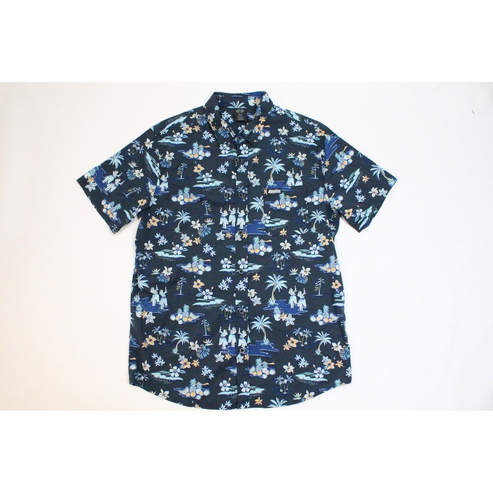 Ron Jon Surf Shop Mens M Hula Dancer Tropical Print Button Up Shirt Navy Blue